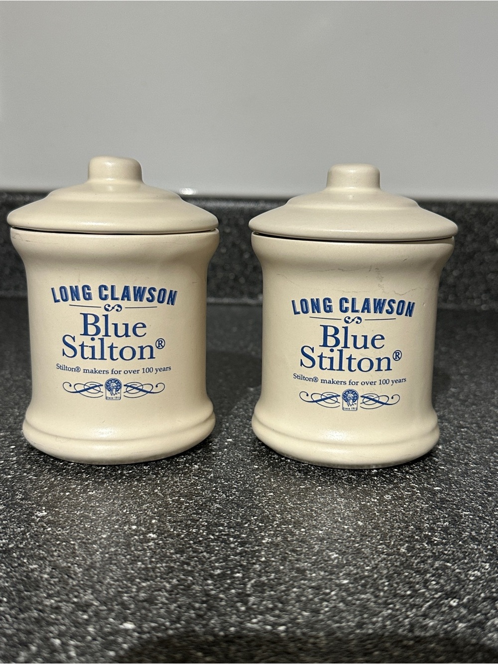 Long Clawson Blue Stilton Ceramic Cheese Pots - Cream with Blue Print (Set of 2)